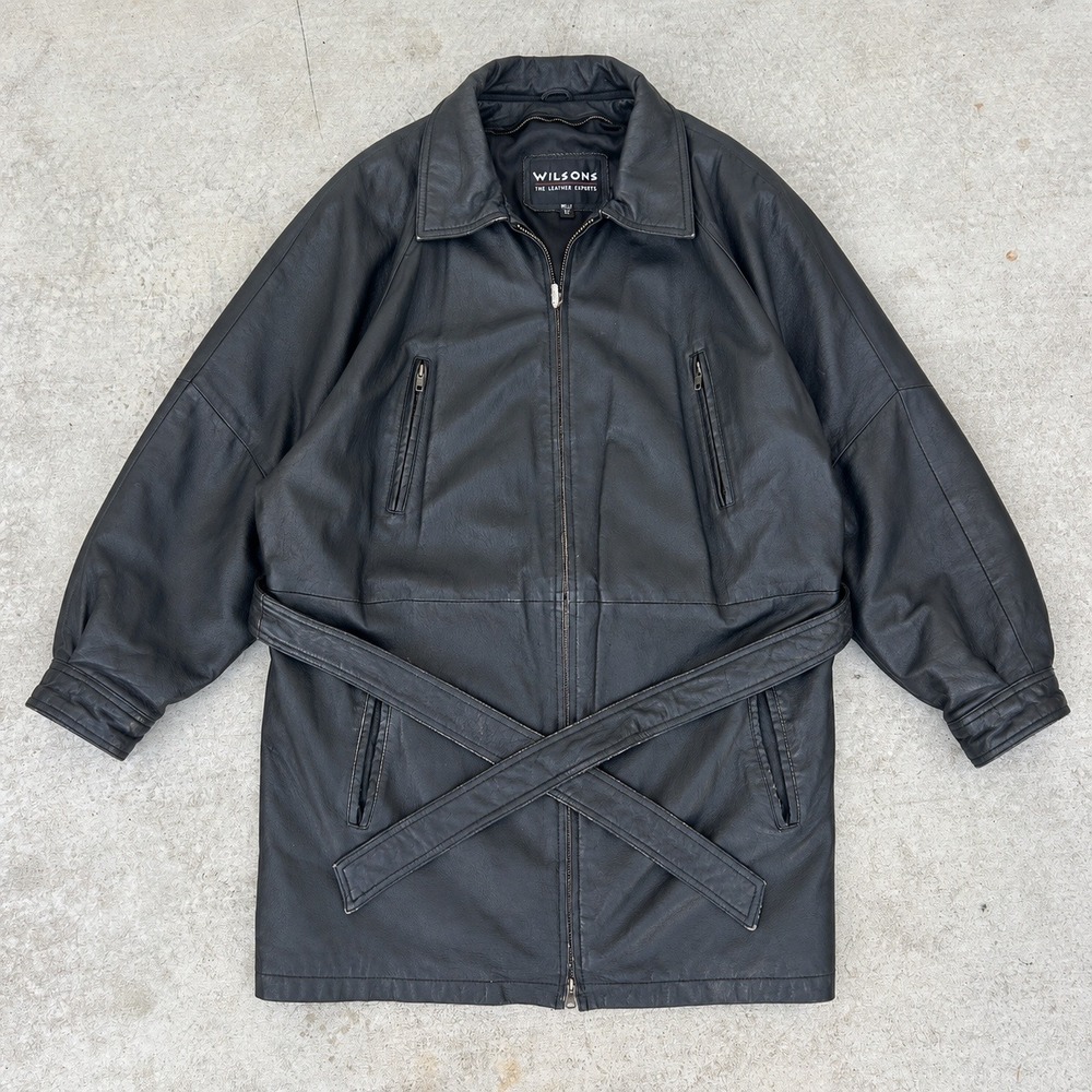 Wilsons Leather Jacket XL Black Vintage 90s Belted Trench Oversized Biker Long